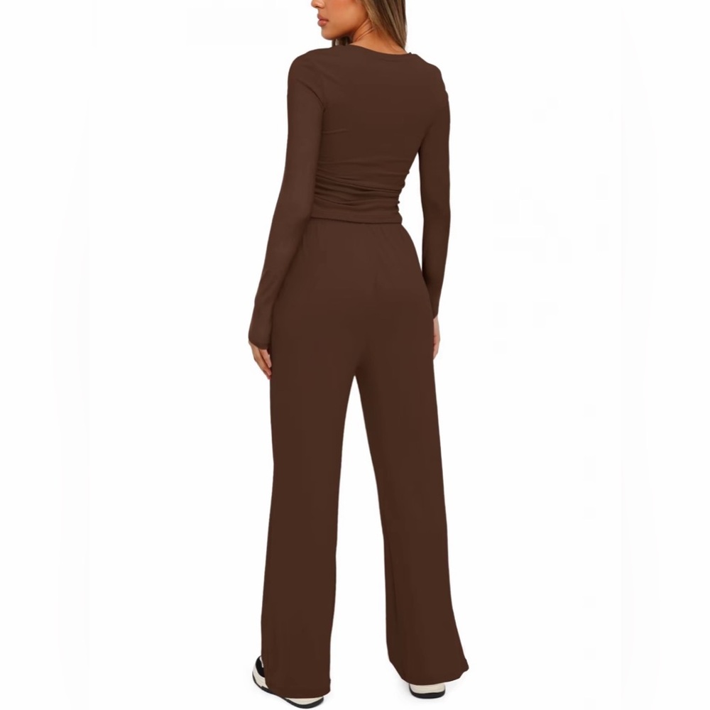 Lounge Pant and Top Set - Wide Leg Drawstring Pants and Ruched Top Set- Brown - Picture 2 of 4